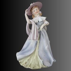 1950s Lefton Japan Woman Lady Figurine Pastel Blue Dress Pink Hat Crown China